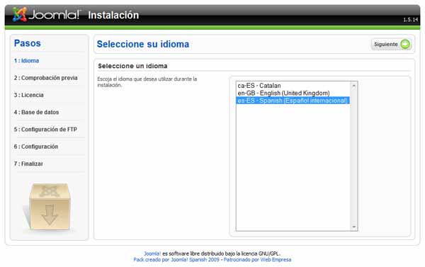 Paso 1 de instalación de Joomla!