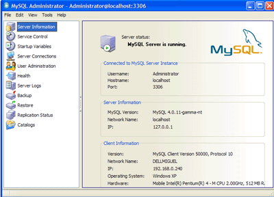 Pantalla principal de MySQL Administrator