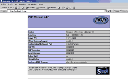 Página resultado de hacer un phpinfo()