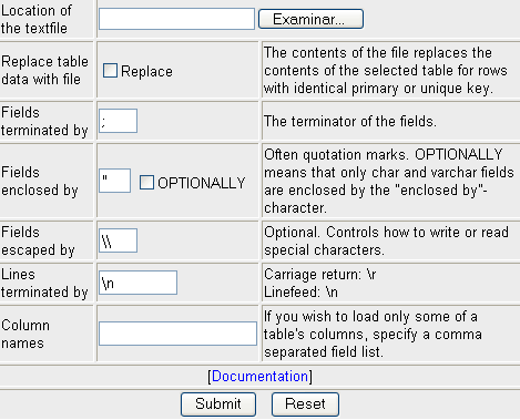 menú de inserción de archivos de texto