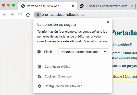 Certificado de seguridad ssl válido, visualizado en el navegador