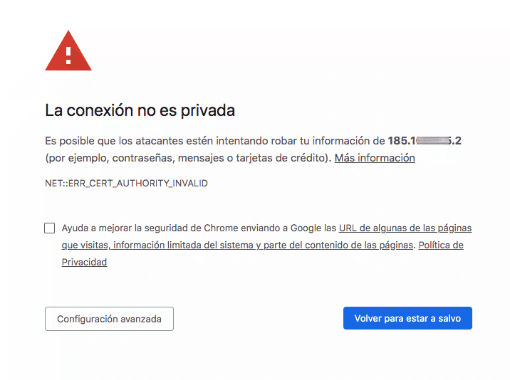 advertencia de conexión privada. No hay que preocuparse por este mensaje