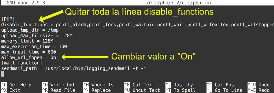 cómo debe de quedar el php.ini para el PHP por línea de comandos