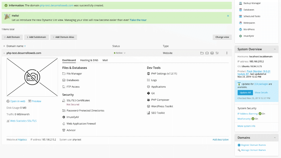 administración del dominio desde Plesk